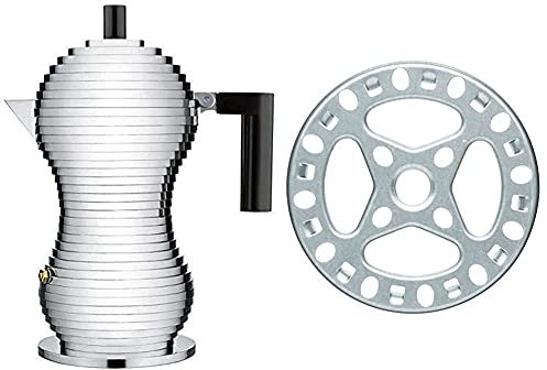 Alessi MDL02/3 B Pulcina Espresso coffee maker in cast aluminium. Handle and knob in PA, black, 3 Cups & KitchenCraft Gas Ring Reducer Trivet, Galvanised Iron, 12 cm