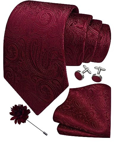 Gusleson Burgundy Tie Mens Paisley Wedding Necktie Pocket Square Cufflinks and Lapel Pin Brooch Set (UK6103-01)