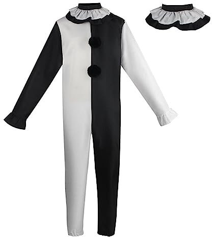 Duohropke Movie Killer Terrifier Clown Schwarz Weiß Jumpsuit Cosplay Kostüm Karneval Party Outfit für Herren Clown Overall Halloween Party Karneval Horror Anzug Set