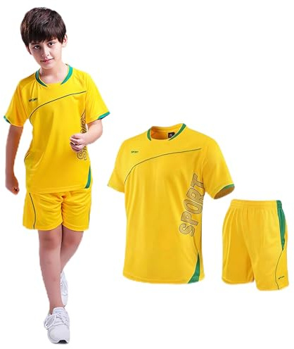 Hikewin Boys Football Kits Uniform Jerseys Unisex Kids Sports Shorts SetsTracksuit Training Activewear Short Sleeve Set Yellow 12-13Years