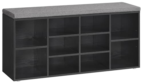 VASAGLE Skobänk med Sittdyna, Skohylla med 10 Fack, 30 x 104 x 48 cm | Hallmöbel, Justerbara Hyllor för Stövlar, Max Belastning 150 kg, Ebenholtssvart och Skiffergrå, CUSTOS Kollektion LHS010B07