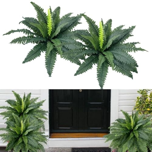 YELIKIT 2PCS Artificial Ferns for Outdoor, Large Fake Plants Greenery Artificial Boston Fern UV Resistant Faux Plant Shrubs for Indoor Home Potted Garden Porch Farmhouse Decor