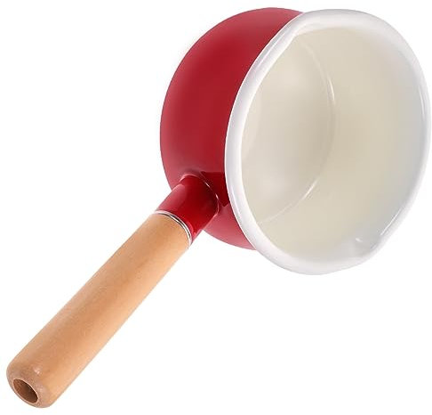 Amosfun Enamel Milk Pot for Baby Complement Food with Wooden Handle Easy to Clean Small Saucepan for Cooking and Heating