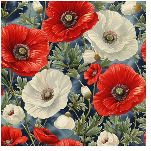 Square Cloth Napkins Red White Opium Poppy Table Napkin Set of 4 20 x 20 Inch Washable Reusable Polyester Dinner Napkins for Home Kitchen Restaurant Tabletop Decoration Party Wedding