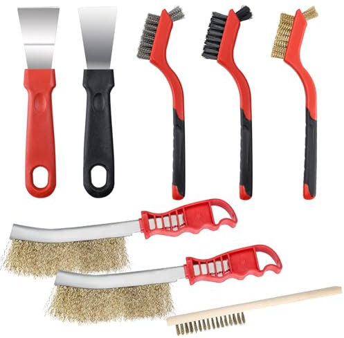 Juego de 8 cepillos de alambre recubierto de cobre, cepillo de alambre de carbono de acero inoxidable con rascador de metal, cepillo de alambre de latón, cepillo de alambre de mano, cepillo de alambre