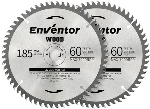Enventor 2PCS Hoja de Sierra Circular 60T, 185mm x 20mm, Punta de Carburo de Tungsteno, Hoja de Sierra Circular de Mano para Madera, Compatible con Enventor Sierras Circulares
