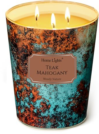 HomeLights Velas perfumadas | Large Jar 960g Vela de soja natural | 130 horas de larga duración con 3 Wicks | Bohemian Natural para la decoración del hogar Caoba teca