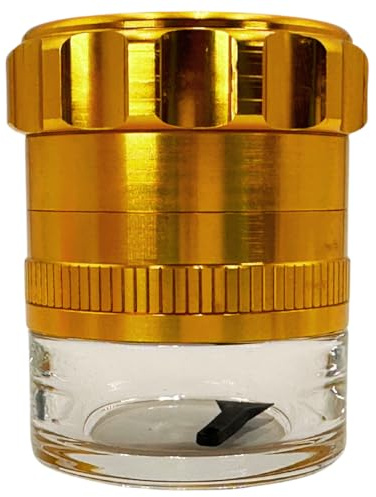 Macinaspezie. Macinino per erbe aromatiche da 6,3 cm con barattolo attaccato. Il barattolo offre una maggiore capacità di archiviazione. Lega di alluminio anodizzato con fondo in vetro. (oro, 6,5 x