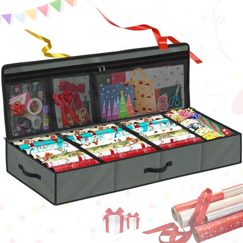 SIMPHAUS Organizer Carta Regalo Grande, Porta Rotoli 24 Capacità, Custodia con Maniglie, Tessuto Oxford 600D Resistente, Contenitore per Carta da Regalo Natalizia e Nastri 100x35x15cm Grigio