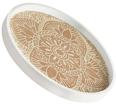 Round Wood Decorative Serving Tray,35CM White Boho Coffee Table Tray Farmhouse Tray Decor Wooden Candle Holder Living Room Kitchen Ottoman Trays Decorative Plates Coffee Table Serving Platters