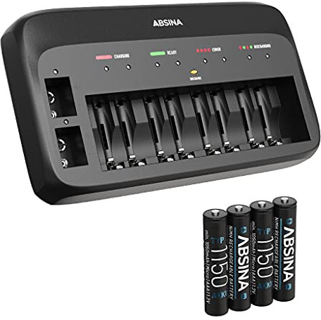ABSINA X10 Cargador de Pilas AA, AAA y 9V - 10 Ranuras Con 4 Pilas AAA 1150 Recargables Incluidas