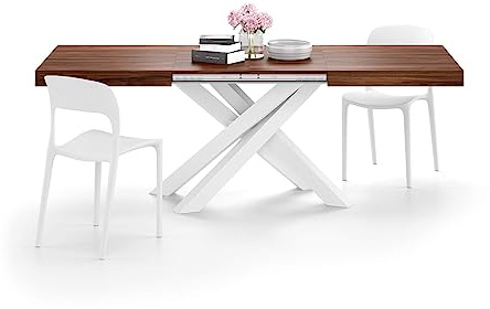 MOBILI FIVER, Table Extensible Emma 140(220) x90 cm, Noyer avec Pieds Croisés Blancs, pour 6-10 Personnes, Table Extensible pour Cuisine, Salon, Made in Italy