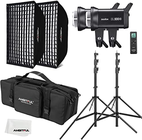 GODOX SL100Bi 2X 100W Dual Color Temperature LED Video Light + 60 x 90 cm Softbox,200 cm Light Stand, Honeycomb Grid, With Remote Control Suitable for Film Studios, Photo Studios