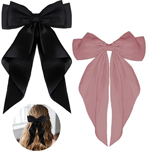 ZEVONDA Pack of 2 Big Bow Hair Clips - Solid Color Large Bowknot Hairpin Hair Clip with Long Silky Satin Tail Hair Barrettes Accessories for Girls Women, Black + Pink