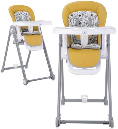 Lorelli Kinderhochstuhl mitwachsend Party, Kinder Hochstuhl, verstellbarer Babystuhl mit Sicherheitsgurt, Kinderstuhl, Doppeltablett, Korb, Rollen und PU-Lederbezug, gelb