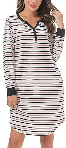 Nieery Chemise de Nuit Femme à Manches Longues en Coton Rayures Chemises de Nuit Longue pour Filles avec Poches Robe de Nuit Confortable vêtements de Nuit Femme
