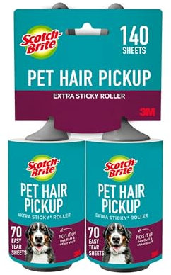 Scotch-Brite Pet Hair Pickup Extra Sticky Lint Roller, Designed for Removing Fur + Fluff on Couches, Clothes, Dog and Cat Beds, & More, 2 Pack, 140 Easy-Tear Adhesive Sheets Total