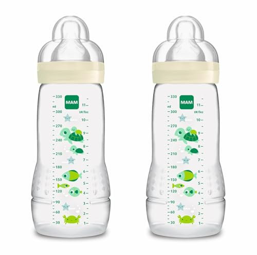 MAM Pack 2 Biberones, a partir de 4 Meses, 330ml, con Tetina 3 de Flujo Rápido de Silicona de Fácil Aceptación, Fácil de Sostener, Fácil de Limpiar, MAM Easy Active, Neutro Brillante, Pack de 2uds