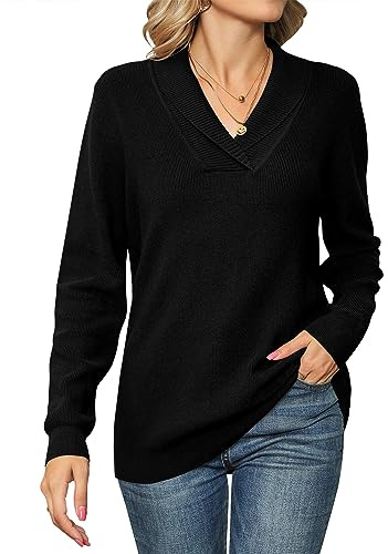 IECCP Ladies Jumpers V Neck Long Sleeve Soft Knit Sweater Black