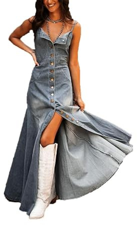VIVICOLOR Abito Lungo in Denim con Spalline Sottili da Donna, Bottoni sul Davanti, Maxi Abito in Denim Vintage, Senza Maniche, Fluido, Lungo, in Jeans