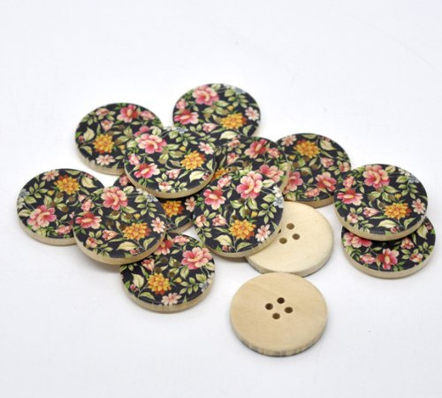 Pack of 10 Wooden Sewing Buttons, Scrapbooking, 4 Holes, Round, Multicolour Flower Pattern, 30mm