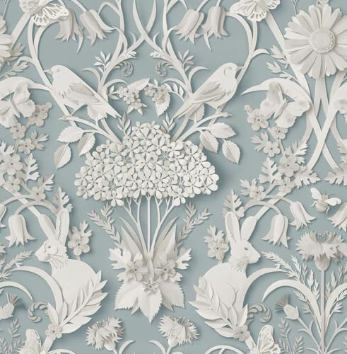 Fine Decor Dimensions Woodland 3D Effect Design Cute Animals, Rabbits, Bees, Birds and Leafs in a Soft Light and Blue Tones Wallpaper Perfect for Nursery, Kids Bedroom and Feature Walls (FD43605)