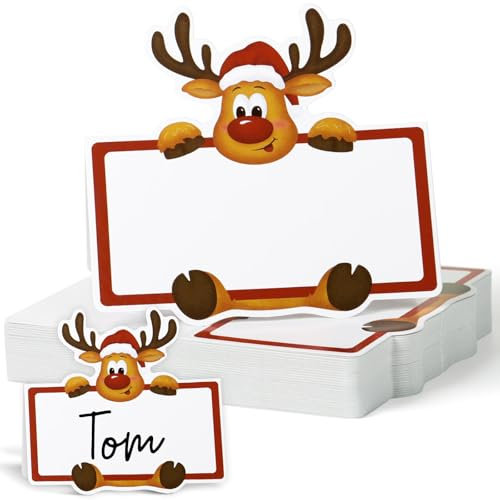 50 Pcs Christmas Place Card Reindeer Table Seating Cards Paper Name Cards for Christmas Table Setting Birthday Xmas Wedding Dinner Party Supply