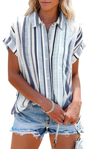 Cicy Bell Haut pour Femme, Manches Courtes, Rayures, col en V, Chemisiers à Carreaux, Hauts d'été, Boutonnage Descendant, T-Shirt décontracté, Violet/Gris., L