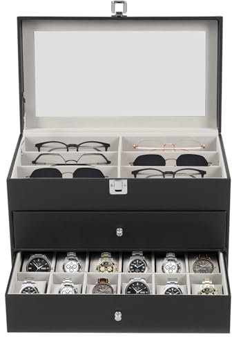 Tagtuell Caja de almacenamiento para gafas de sol, estuche con cerradura, gafas de sol con tapa de cristal, para guardar 12 relojes y 12 gafas de sol