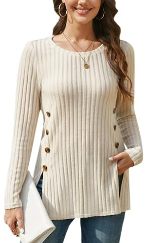 Enmain Jerséis Mujer de Manga Larga Casual Suéter de Punto Invierno Camiseta Cuello Redondo y Botones Laterales para Leggings Beige M
