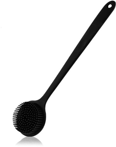 VELLUSTRA Silikon Rückenbürste für die Dusche mit langem Griff, doppelseitige Duschbürste, Körperbürste, Natürliche Borsten für Duschpeeling und Massage, Rückenwäscher mit langem Griff für Männer