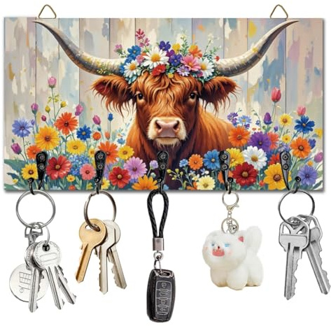 DELORIGIN Highland Cattle and Flowers Key Holder Key Hooks Wall Mounted Wooden Key Racks with 5 Hooks Key Storage Organizer House Key Hanger for Wall Decor Door Entryway Hallway Kitchen New Home Gift