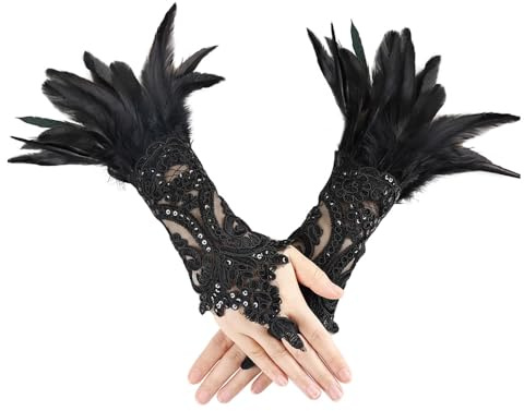 ZSUIQIN 1 Pair Feather Wrist Cuffs,Feather Gloves,Long Lace Fingerless Gloves,Suitable for Bonfire Nights, Celebrations, Whimsical Gatherings, Fancy Dress Parties, Formal Dinners, Photo Shoots