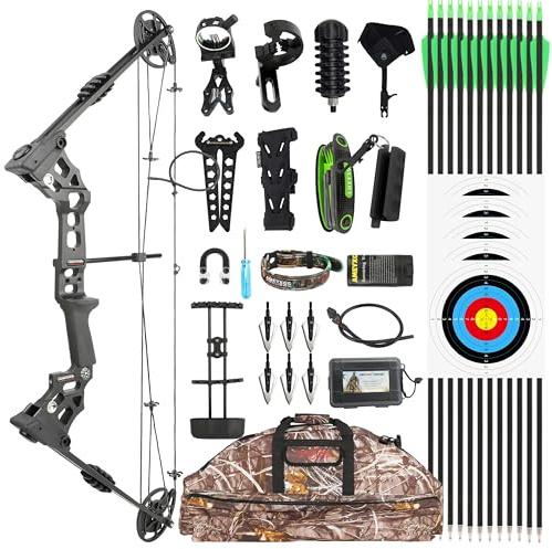 Set arco compound 20-70 LBS RTH - Lunghezza di tiro regolabile 24-30, IBO 320 FPS con accessori completi per la caccia e il tiro al bersaglio