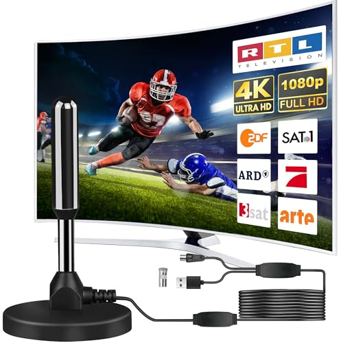 DVB-T2 Antenne mit Verstärker für Innen – Zimmerantenne für Fernseher, DVB-T/T2, TV Antenne 4K UHD Full HD, 360° Empfang bis 500 km, kostenlose Sender