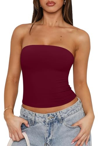 LEEDYA Womens Sexy Tube Tops Strapless Crop Tank Top Going Out Bandeau Summer Casual Outfits Backless Y2K Shirts Burgundy S