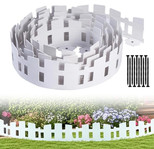 Bordo in plastica 33 FT, bordo per aiuole in plastica [extra alto 4,6 pollici] con 60 pali – Recinzione flessibile e bordo per aiuole per giardino, pellicola per erbacce e prati – bianco