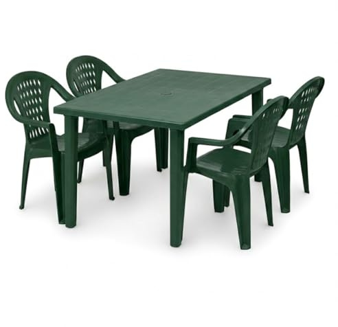 Tomaino - Tavolo e Sedie da Giardino in Plastica -Set Marshall 4 o 6 Posti – Tavolo Rettangolare - Sedie Impilabili con Braccioli per Esterno in Polipropilene - Terrazzo, Balcone, Bar (4, VERDE)