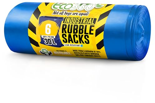 EcoBag – 6 Pack Blue Rubble Bags – 30L – 70 Microns – Industrial Strength Leak-Resistant Sacks – Heavy Duty Recyclable Garden & Builders Waste Bags – 500x762mm