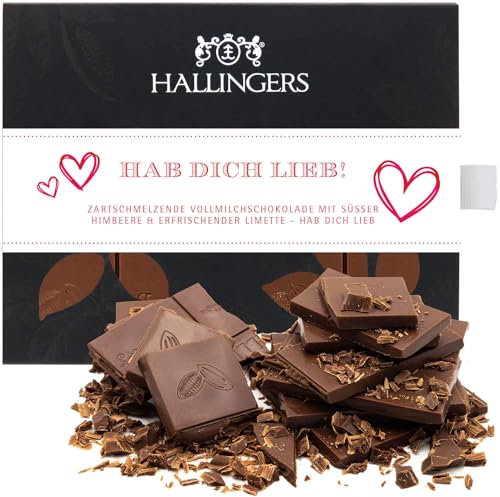 Hallingers Hab Dich lieb - Vollmilch Edel-Schokolade mit Himbeere & Limette - handmade, alkoholfrei (Box) - Geschenk im Sommer & als perfektes Grillgeschenk | Jahrestag Neues Zuhause