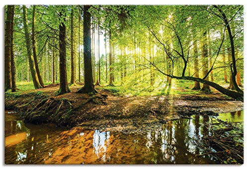 ARTLAND Wanddeko Leinwand Bilder Wandbild 120x80 cm Wald Natur Landschaft Bach Sonne Baum Sonnenstrahlen T9IO