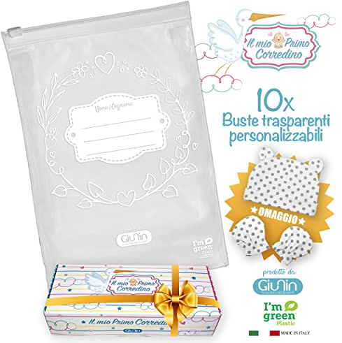 GIUNIN - 10 Bustine Corredino Neonato Ospedale Ecologiche GREEN PE con Set Cappellino Muffole in Regalo Sacchetti Trasparenti Grandi Inodore con Cursore Chiusura Ermetica Primo Cambio Porta Body