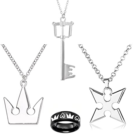HJYZY 4 pcs King Hearts Ring Jewelry Sora's Crown & Roxas's Cross Necklaces Gifts for Men Woman Girl