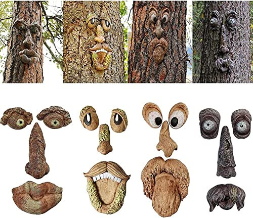 Tuzsocr Décoration de Tronc d'arbre 4 pièce,3D en Forme de Visage d'arbre de Vieil Homme,Drôle de Résine Birdfeeder,Sculpture de Plein air en Forme Visage d'arbre pour décoration de Jardin (4 pièces)