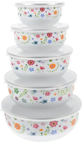Kichvoe 5-Teiliges Emaille-Schüssel-Rührschüssel-Set Mit Blumenmuster Ineinander Verschiebbare Lebensmittelaufbewahrungsschüssel Mit Deckel Für Die Küche Zum Servieren Von Müsli