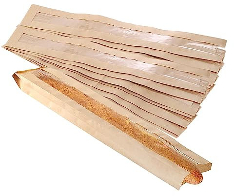50 Stück Papier-Brotbeutel, Baguette-Kraftbeutel, 58,4 x 10,2 x 4,1 cm, Bäckerei-Aufbewahrungstasche mit transparentem Frontfenster und 64 transparenten Siegelaufklebern für hausgemachtes Brot,