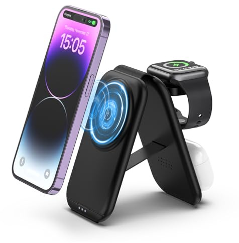 Ankilo Induktionsladdare 3-i-1, vikbar magnetisk trådlös laddningsstation, trådlös laddningsplatta, kompatibel med iPhone 11/12/13/14/15 Pro Max/X/XS/XR, AirPods Pro, Apple Watch (adapter ingår ej)