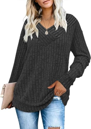Famulily Ladies V Neck Neck Jumpers, Thermal Long Sleeve T Shirts Casual Pullover Thin Sweater Knitted Tops (XL, Dark Grey)