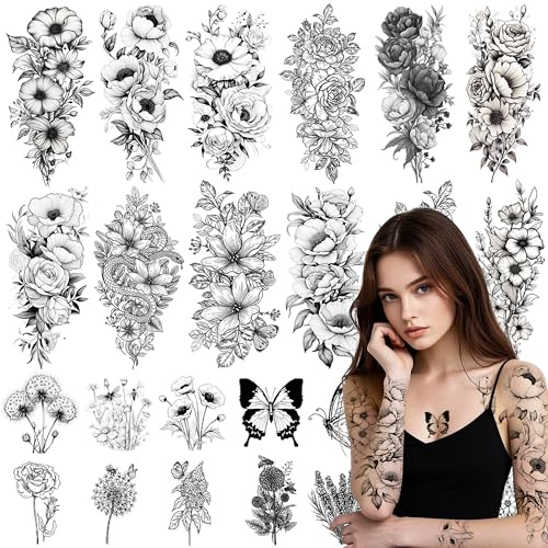JoyfulGlam 26 Sheets Flower Temporary Tattoos Adult - Large Sleeve Fake Tattoos Realistic for Women, 3D Sunflower Rose Snake Tatoo Stickers Body Art Arm Neck