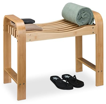 Relaxdays Sgabello da Bagno, con Maniglie, Portatile, HxLxP: 54 x 65 x 33 cm, Panchetta in bambù Marrone Chiaro